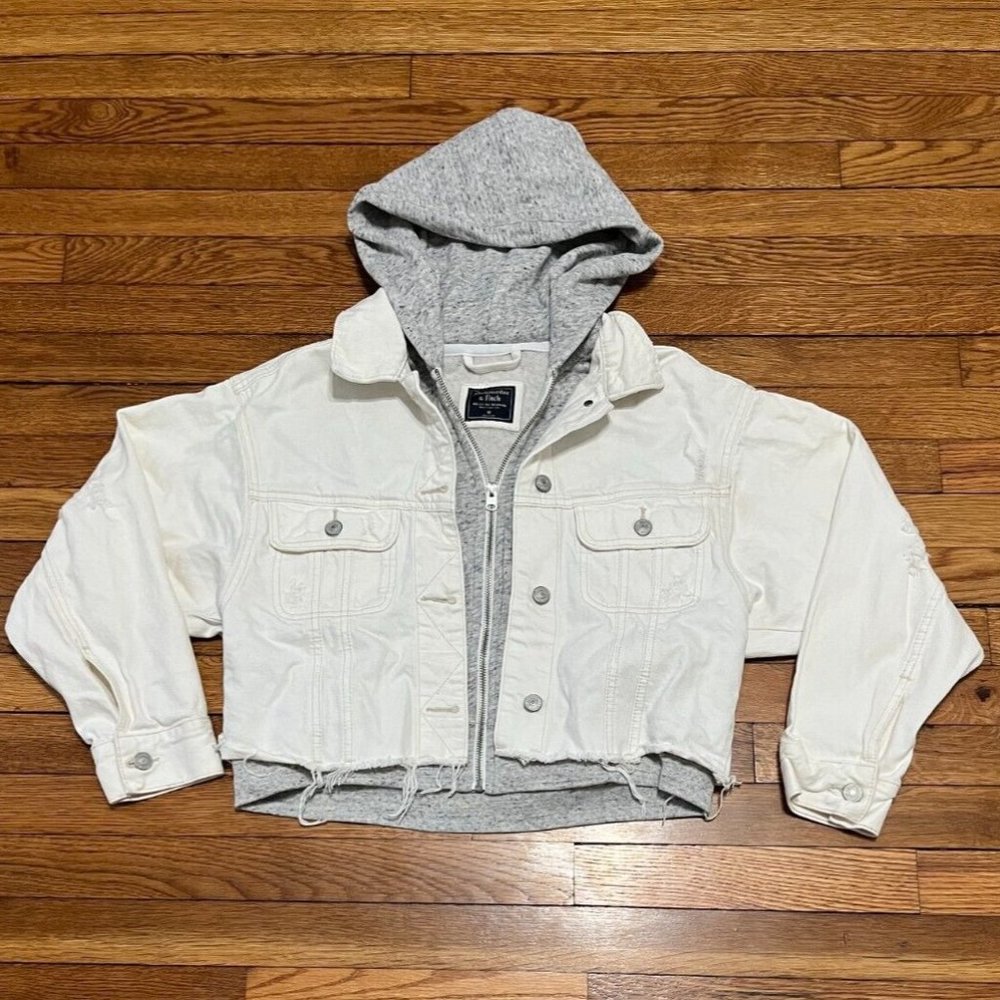 Abercrombie & Fitch White Cropped Denim Jacket with Gray Hooded Layering